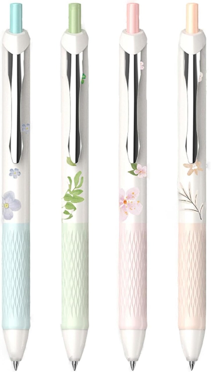 4-Piece Flower Gel Pens, 0.5mm Fine Point, Black Ink, Metal Clip, Multicolor